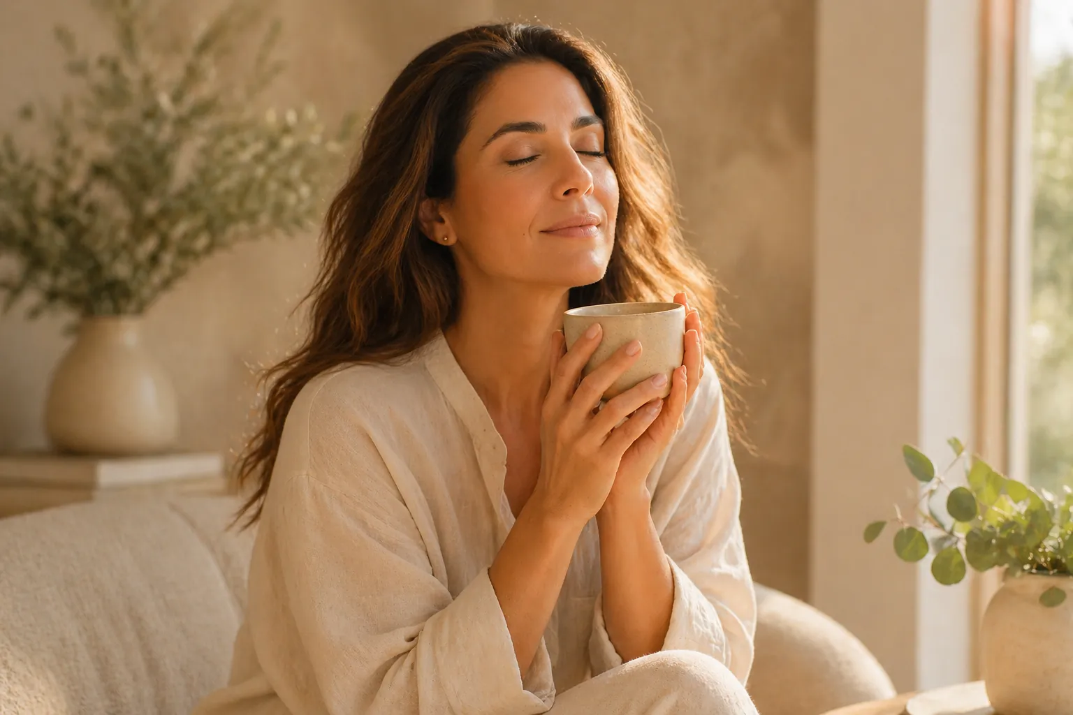 http://Mujer%20adulta%20disfrutando%20una%20infusión%20en%20taza%20cerámica%20beige%20con%20expresión%20relajada%20junto%20a%20ventana%20con%20luz%20cálida%20y%20estética%20wellness%20minimalista