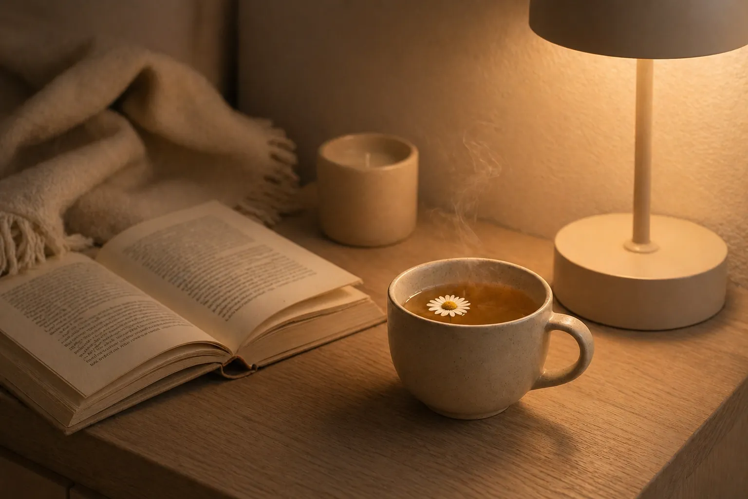 http://Taza%20de%20té%20de%20manzanilla%20humeante%20junto%20a%20libro%20abierto%20y%20lámpara%20sobre%20mesa%20de%20madera%20con%20luz%20cálida%20y%20ambiente%20nocturno%20relajante