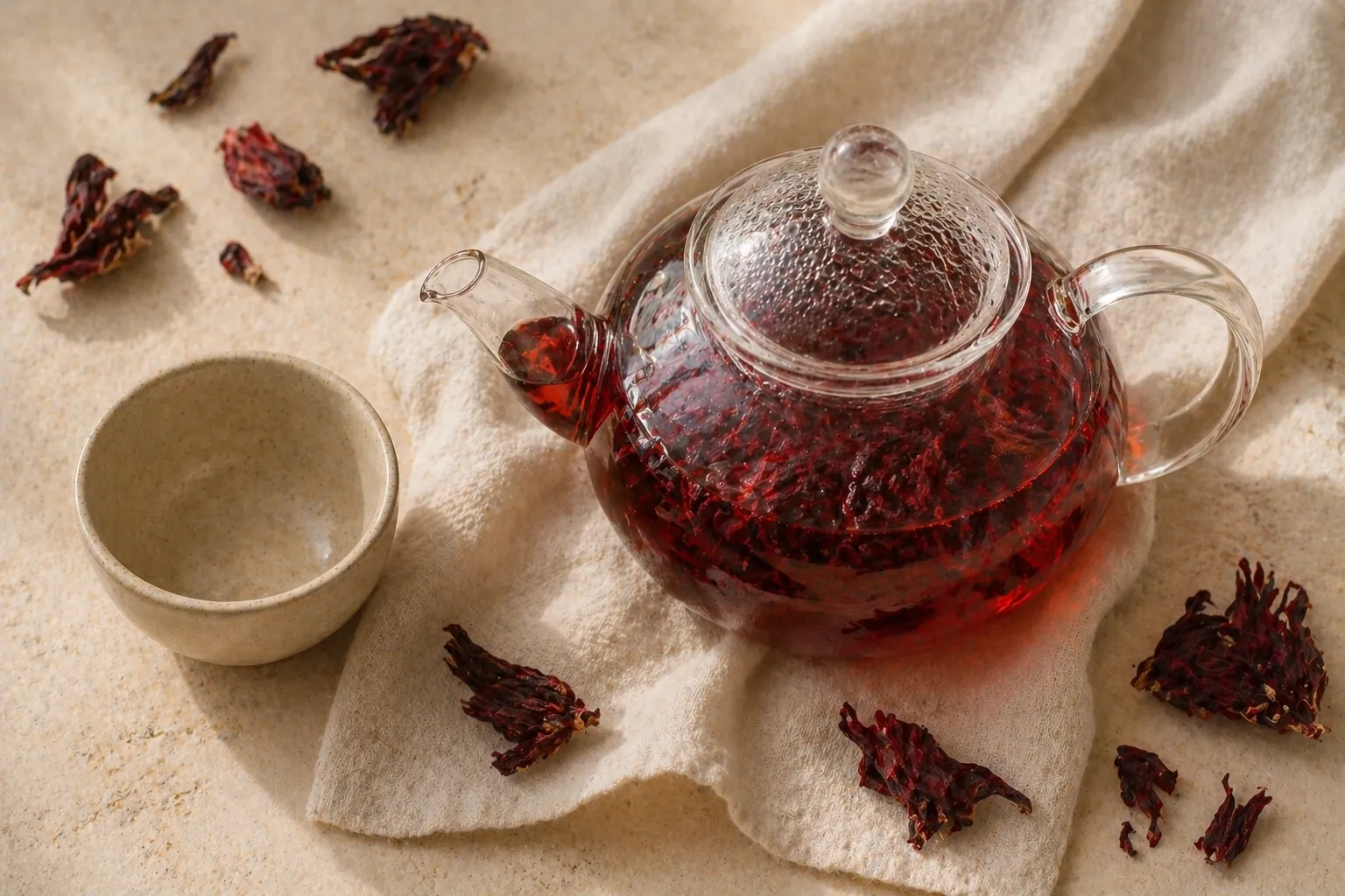 http://Tetera%20de%20vidrio%20con%20infusión%20de%20hibisco%20rojo%20sobre%20tela%20de%20lino%20crema%20con%20flores%20secas%20y%20taza%20cerámica%20beige%20en%20composición%20minimalista%20con%20luz%20cálida