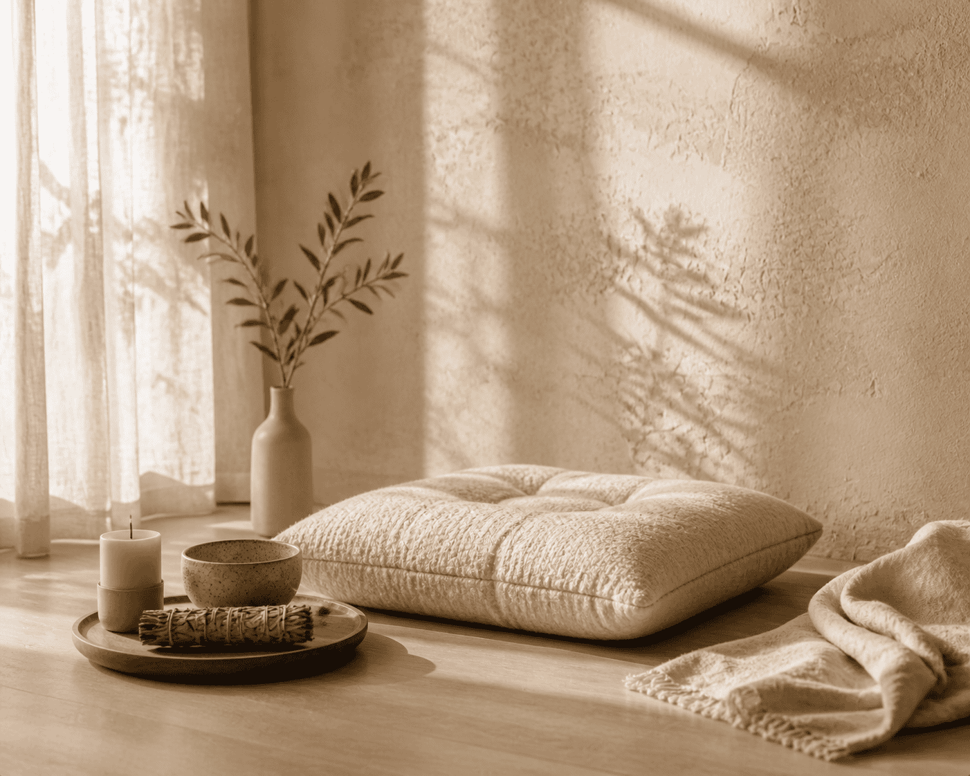 http://Rincón%20de%20meditación%20con%20cojín%20beige,%20vela,%20cuenco%20y%20rama%20de%20olivo%20sobre%20mesa%20de%20madera%20con%20luz%20cálida%20y%20estética%20wellness%20minimalista