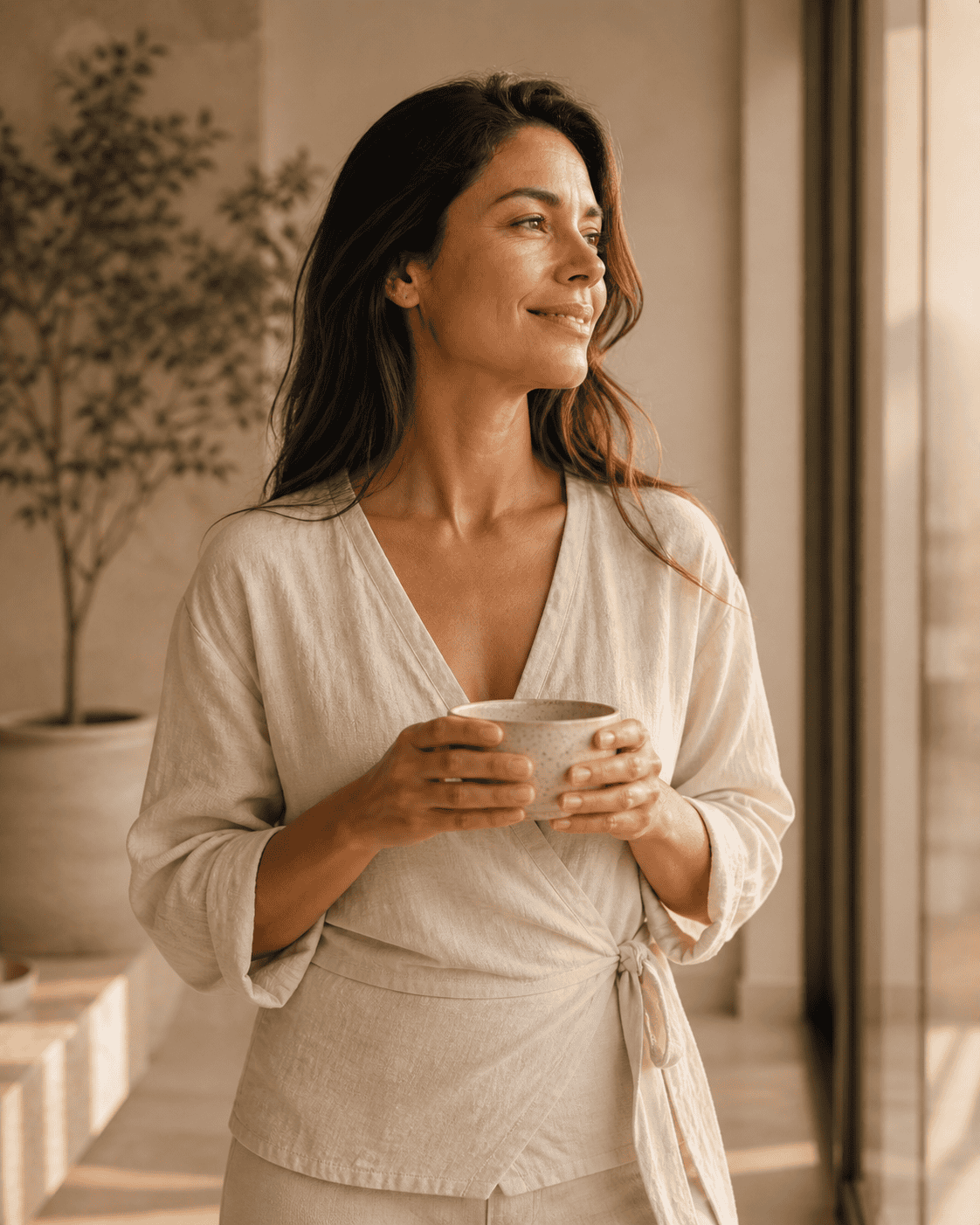 http://Mujer%20adulta%20sosteniendo%20una%20taza%20cerámica%20y%20mirando%20hacia%20la%20luz%20natural%20en%20ambiente%20cálido%20con%20estética%20wellness%20minimalista