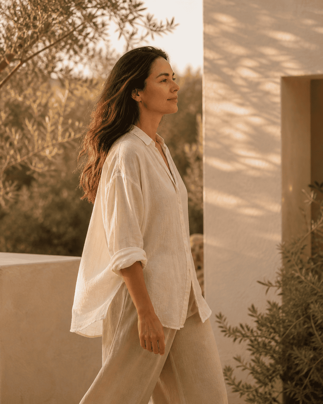 http://Mujer%20caminando%20de%20perfil%20en%20exterior%20con%20luz%20cálida%20de%20atardecer%20y%20entorno%20natural%20en%20estética%20wellness%20minimalista