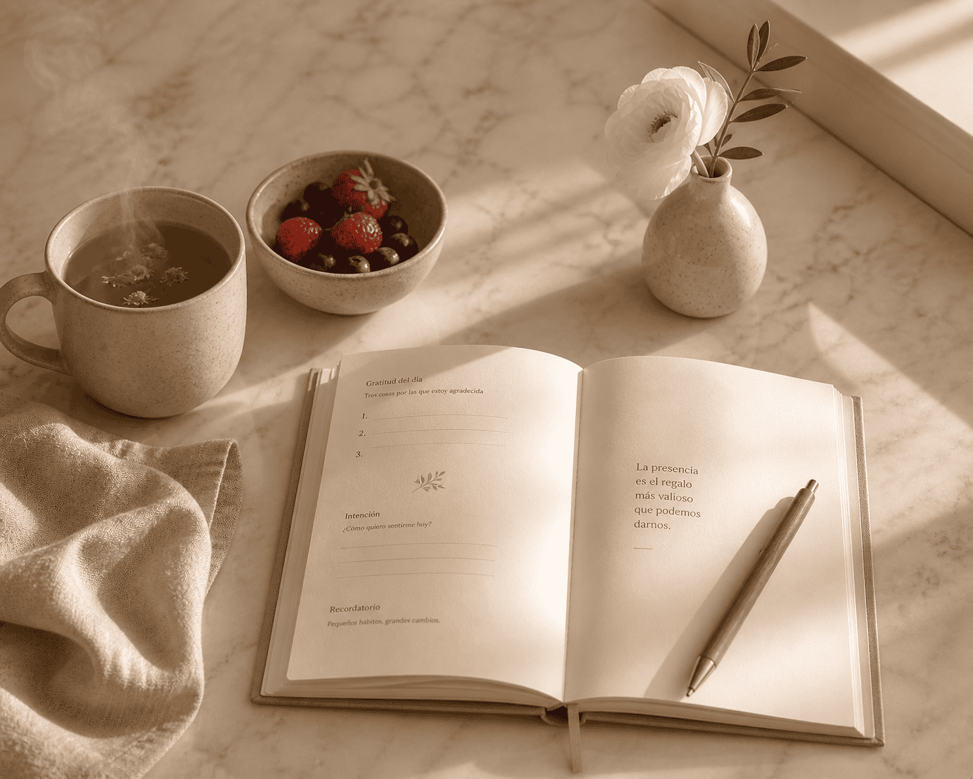 http://Escritorio%20de%20cocina%20minimalista%20con%20taza%20de%20té,%20cuaderno%20abierto,%20frutas%20y%20flor%20blanca%20sobre%20mármol%20con%20luz%20natural%20cálida%20y%20estética%20wellness