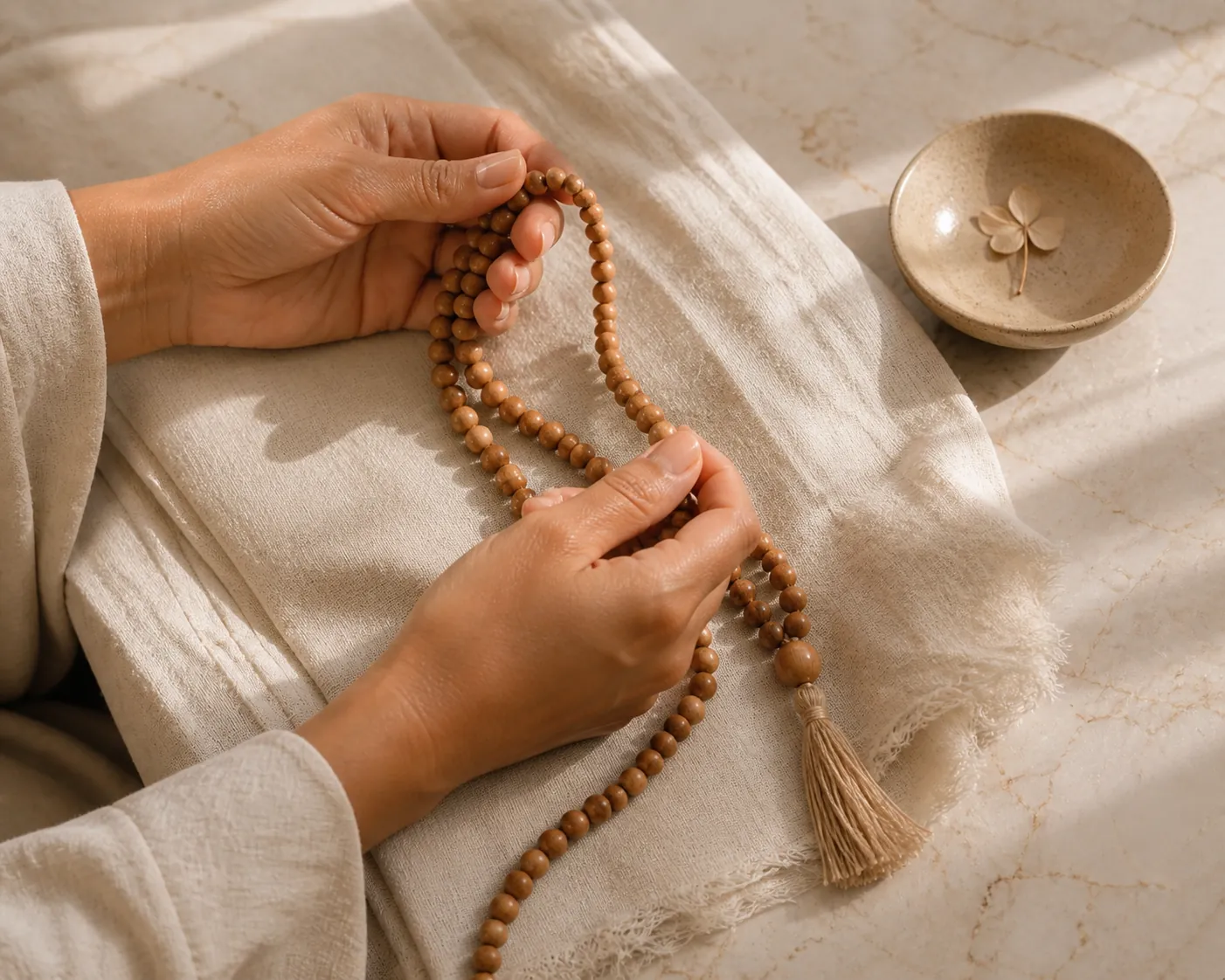 http://Manos%20femeninas%20sosteniendo%20cuentas%20de%20meditación%20de%20madera%20sobre%20tela%20de%20lino%20con%20cuenco%20cerámico%20en%20superficie%20de%20mármol%20y%20luz%20cálida