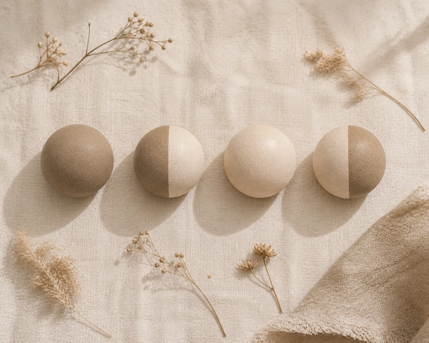 http://Fases%20de%20la%20luna%20representadas%20con%20esferas%20cerámicas%20en%20tonos%20beige%20y%20taupe%20sobre%20tela%20de%20lino%20con%20elementos%20botánicos%20y%20luz%20cálida%20minimalista