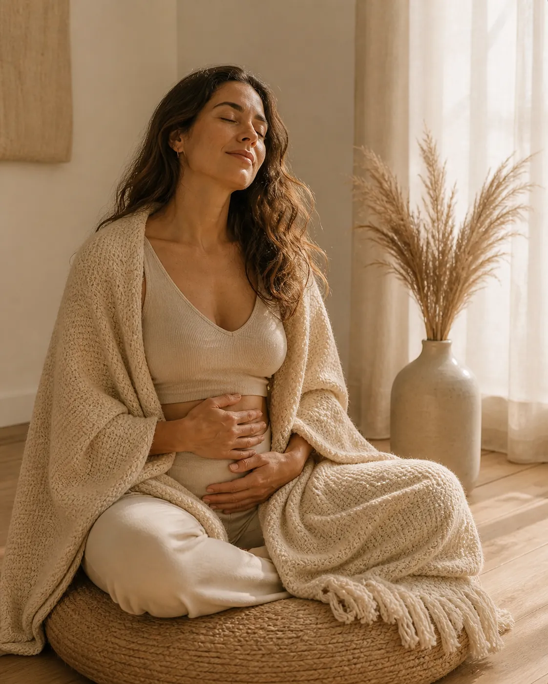 http://Mujer%20sentada%20en%20cojín%20beige%20con%20chal%20tejido%20sosteniendo%20su%20abdomen%20en%20espacio%20cálido%20con%20luz%20natural%20y%20estética%20wellness%20minimalista