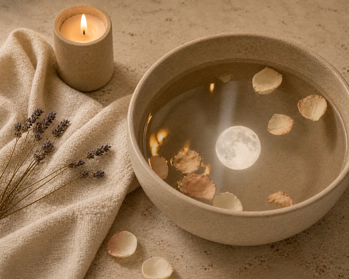 http://Cuenco%20cerámico%20con%20agua%20reflejando%20la%20luna%20y%20velas,%20pétalos%20flotantes%20y%20lavanda%20sobre%20mármol%20con%20luz%20cálida%20y%20estética%20wellness%20minimalista
