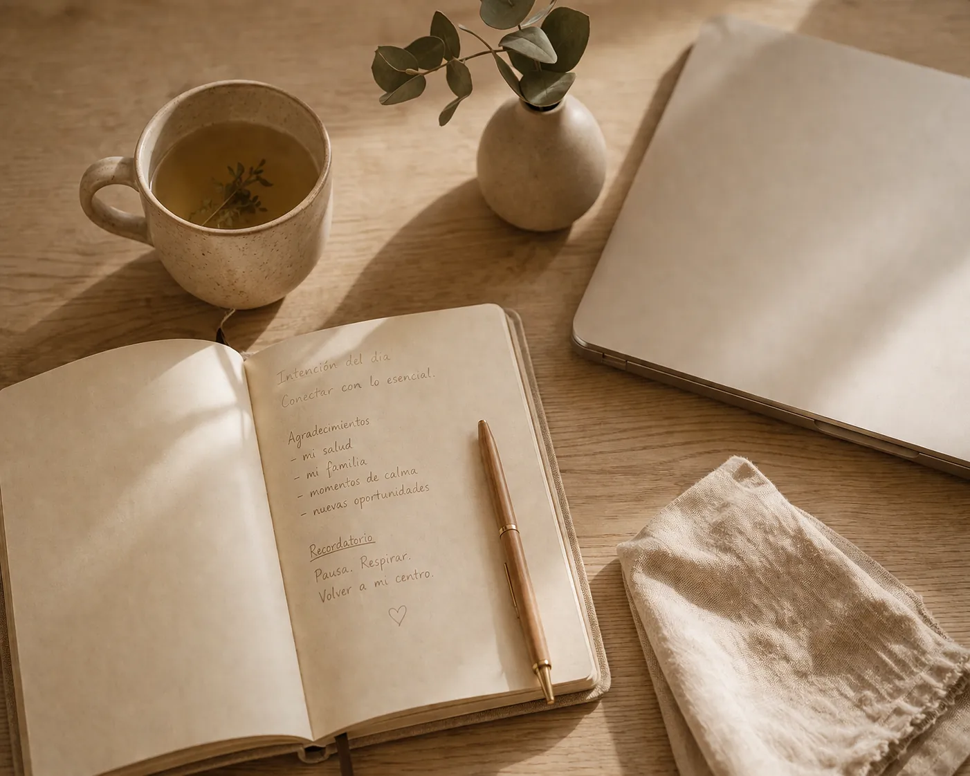 http://Escritorio%20minimalista%20con%20taza%20de%20té,%20cuaderno%20abierto%20con%20notas%20y%20lápiz%20de%20madera%20junto%20a%20laptop%20y%20eucalipto%20con%20luz%20cálida%20natural