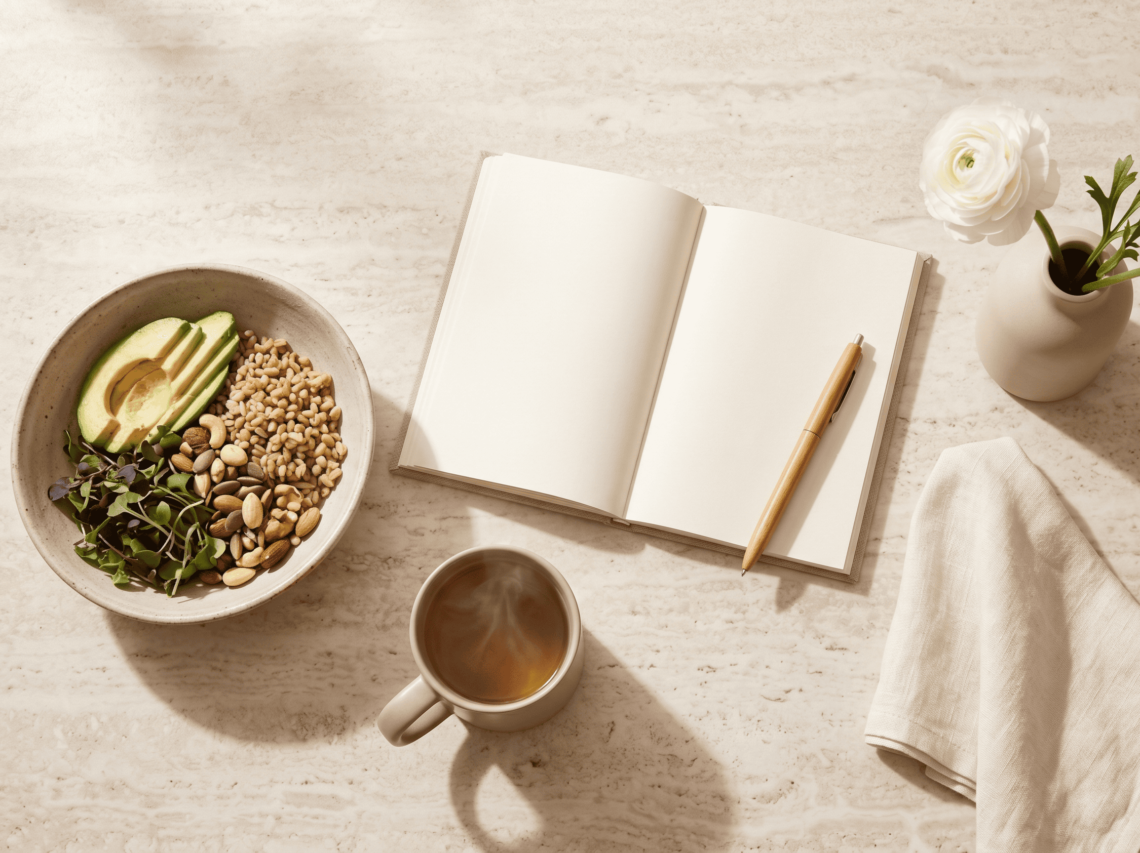 http://Bowl%20saludable,%20journal%20y%20flor%20blanca%20sobre%20mesa%20de%20mármol%20como%20símbolo%20de%20los%20tres%20pilares%20del%20bienestar.