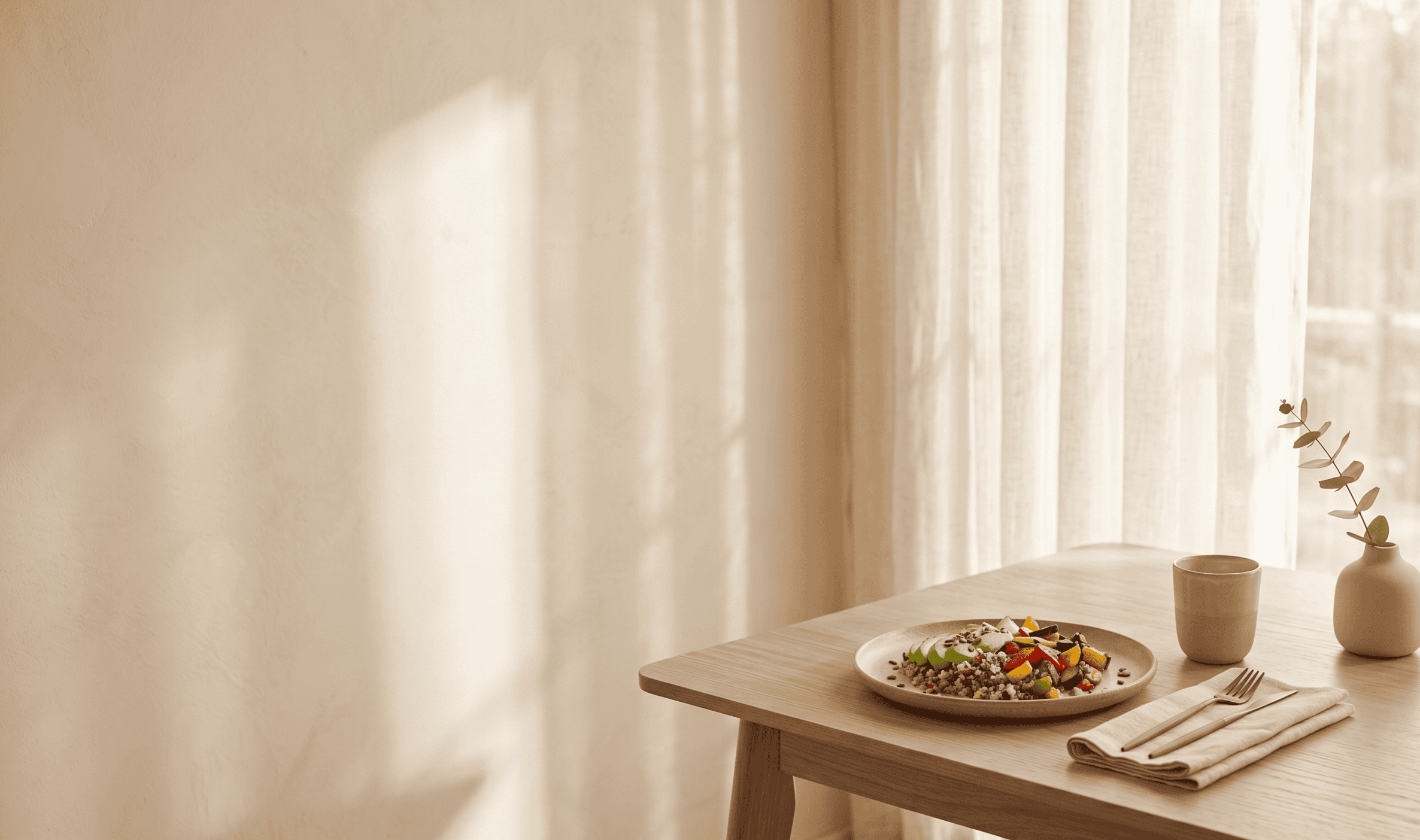 http://Mesa%20minimalista%20con%20plato%20de%20quinoa%20y%20vegetales%20junto%20a%20una%20taza%20y%20eucalipto,%20sin%20pantallas%20ni%20distracciones%20digitales.