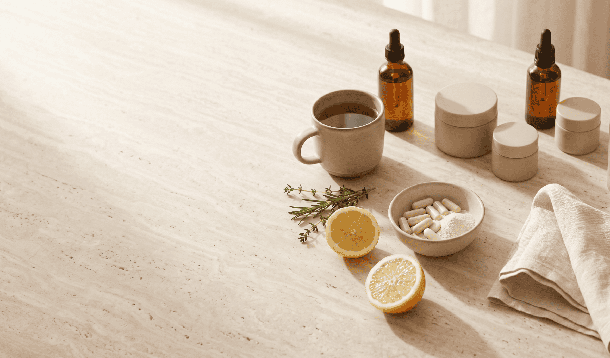 http://Productos%20de%20skincare,%20suplementos,%20té%20de%20hierbas%20y%20limón%20sobre%20mesa%20de%20mármol%20para%20una%20rutina%20de%20cuidado%20integral.