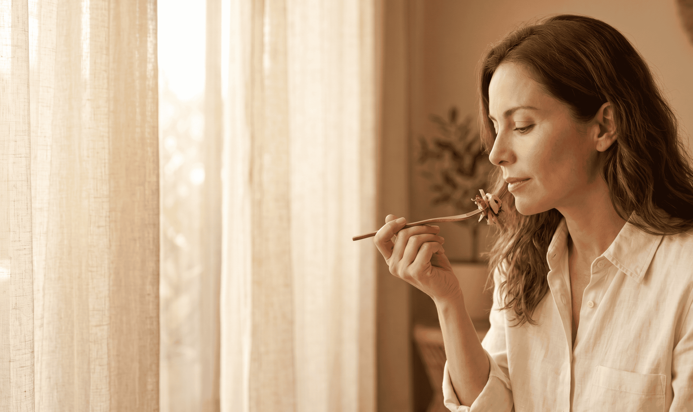 http://Mujer%20practicando%20masticación%20consciente%20saboreando%20un%20bocado%20de%20vegetales%20con%20tenedor%20de%20madera%20junto%20a%20una%20ventana%20con%20luz%20cálida.